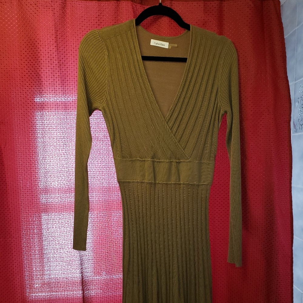 Tan long sleeve ribbed sweater dress.